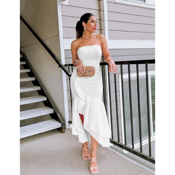 Women's Strapless Bodycon Maxi Dress Sexy High Split Mermaid Formal Wear - Picture 5 of 8